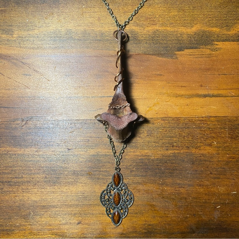 Dyed Deer Vertebrae Bone Copper Wire Brass Chain Necklace - Picture 3 of 12